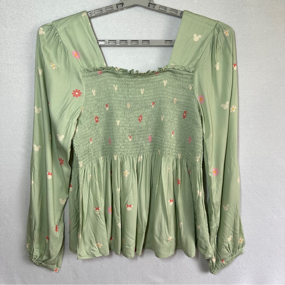 Disney Her Universe Pullover Top 2X Green Rayon Smocked Flowers Minnie Mouse New